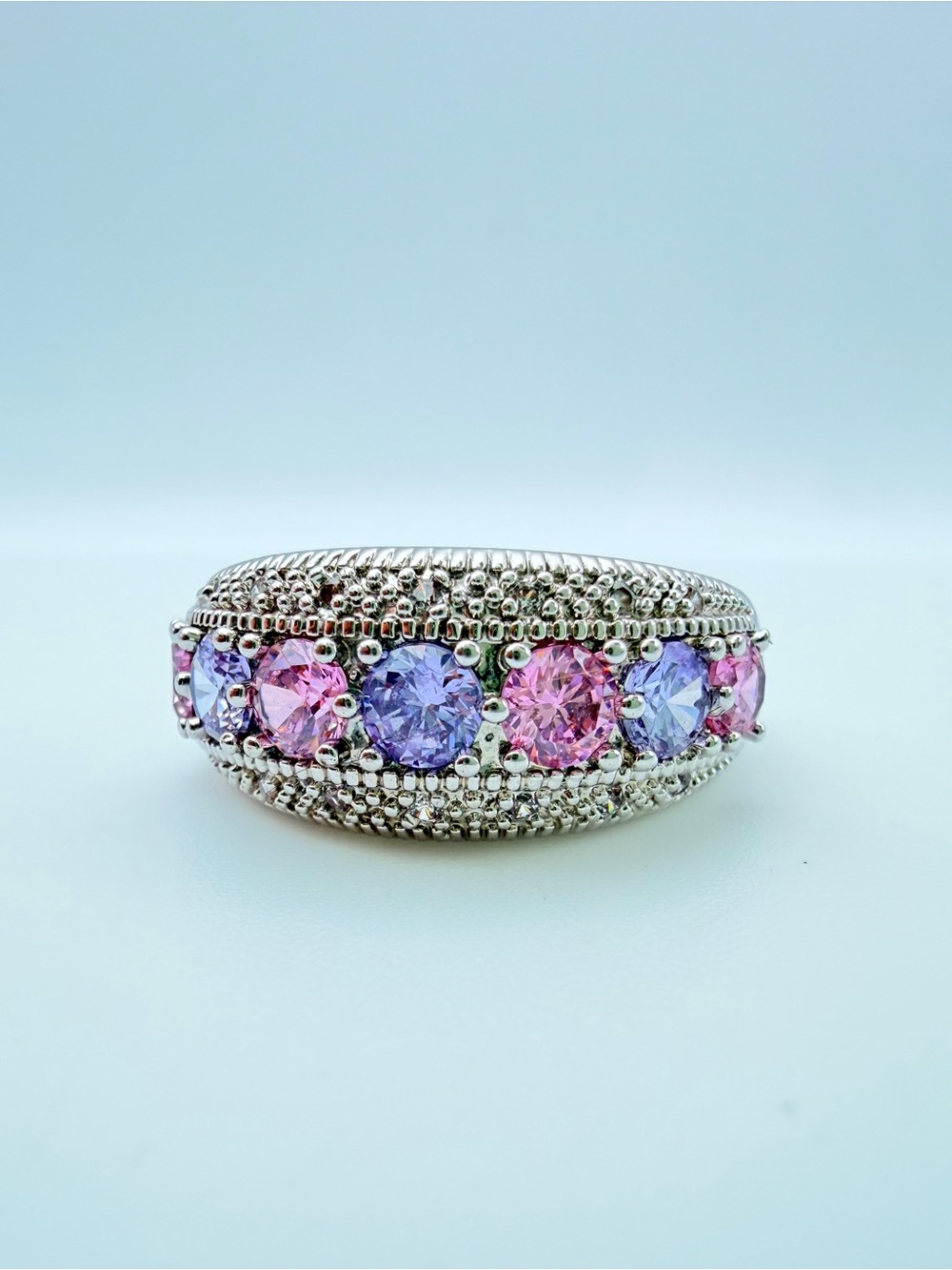 Silver Tone Pink Purple Crystal Band Ring Size 8.5 - 9 Statement Cocktail Ring